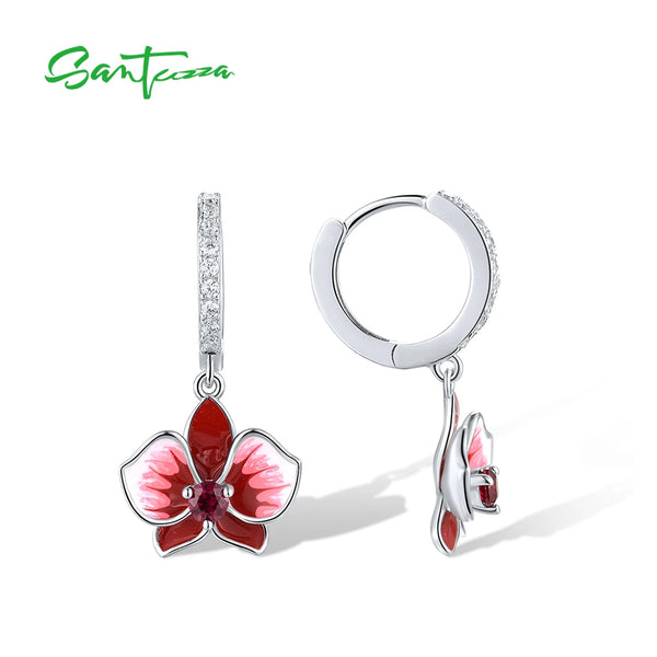 Sterling Silver CZ & Created Ruby Enamel Flower Drop Earrings For Women