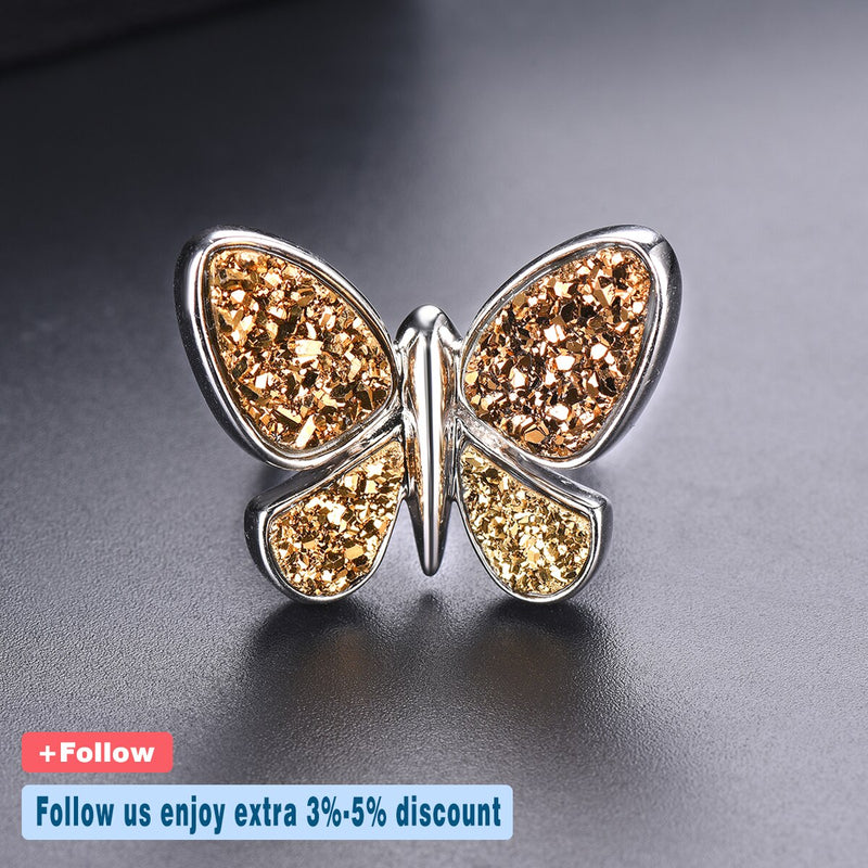 Sterling Silver Druzy Agate Butterfly Rings for Women