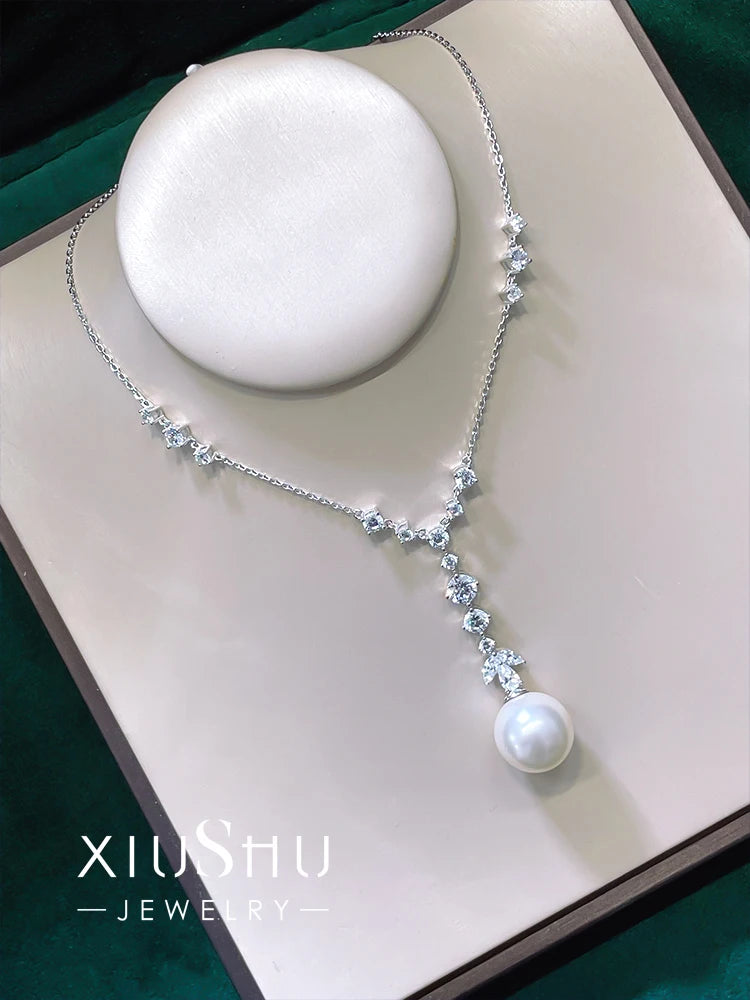 925 Sterling Silver Pearl Necklace with High Carbon Diamonds for Women