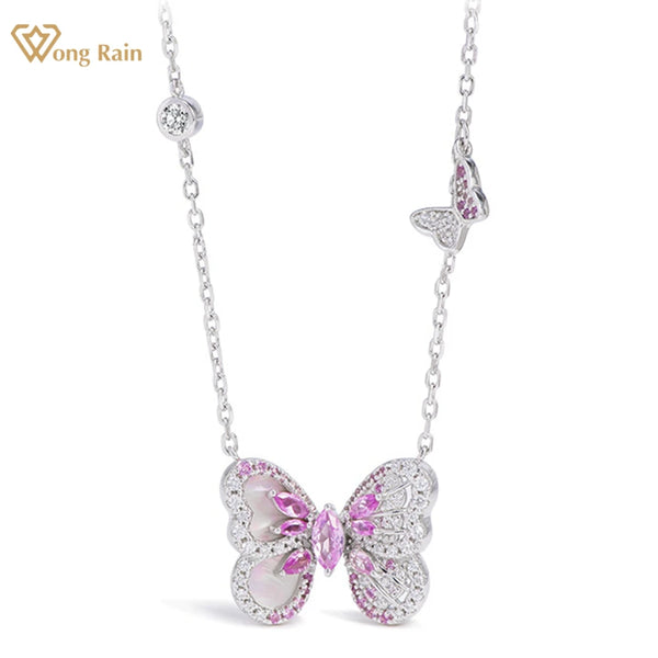 Wong Rain Romantic 925 Sterling Silver Butterfly Ruby High Carbon Diamonds Gemstone Pendant Necklace Anniversary Gifts Jewelry