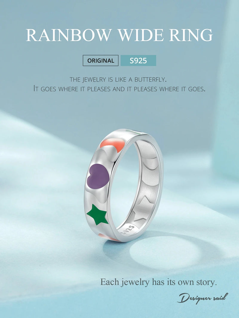 925 Sterling Silver Rainbow Enamel Wide Ring for Women