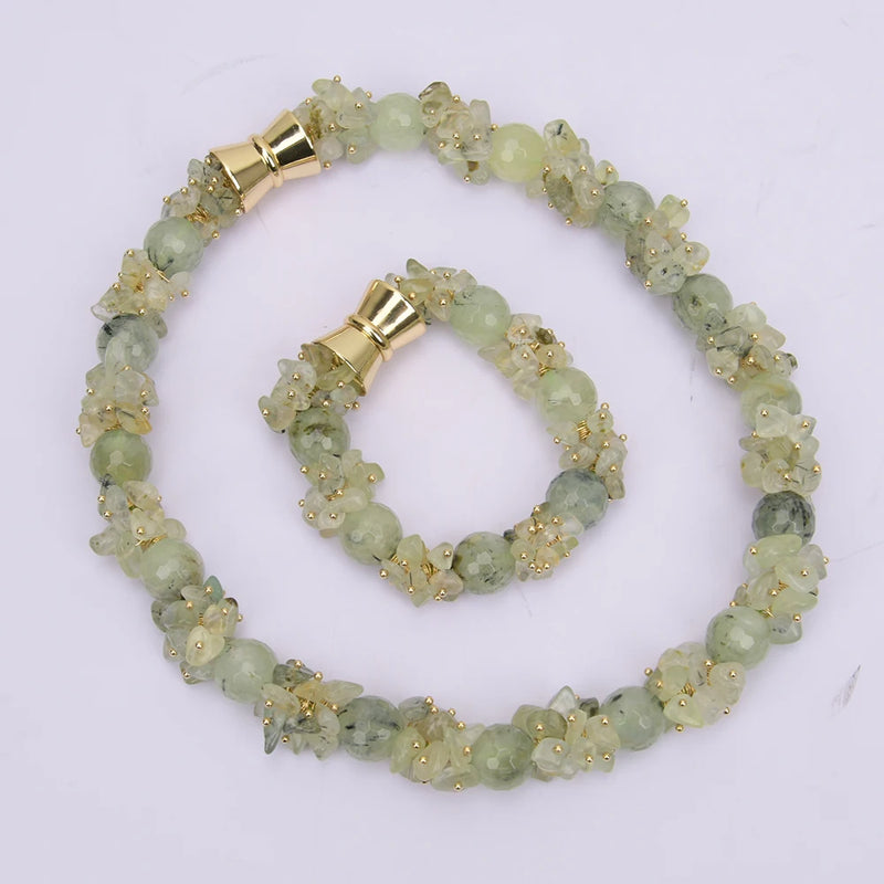 Sterling Silver Natural Green Prehnite Quartz Necklace and Bracelet Set for Lady