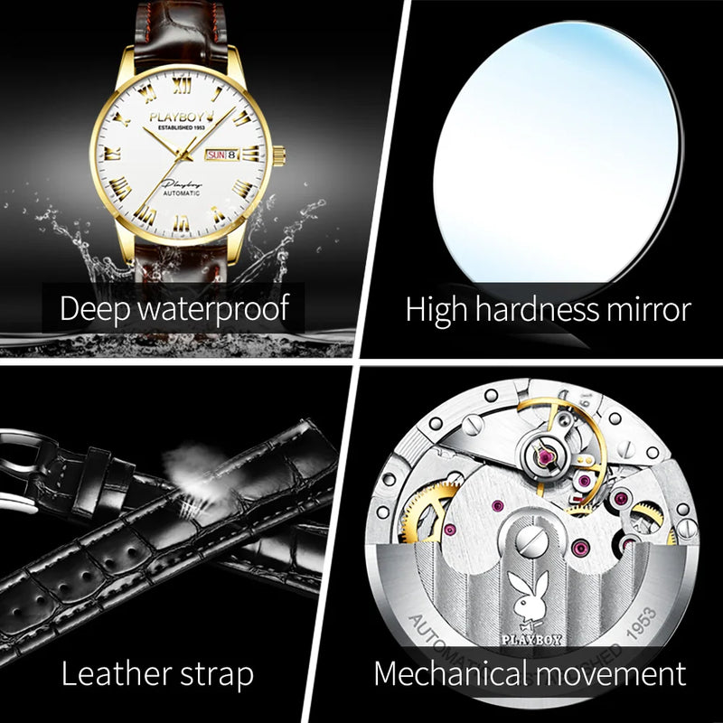 Stainless Steel Leather Strap Automatic Mechanical Watch for Men