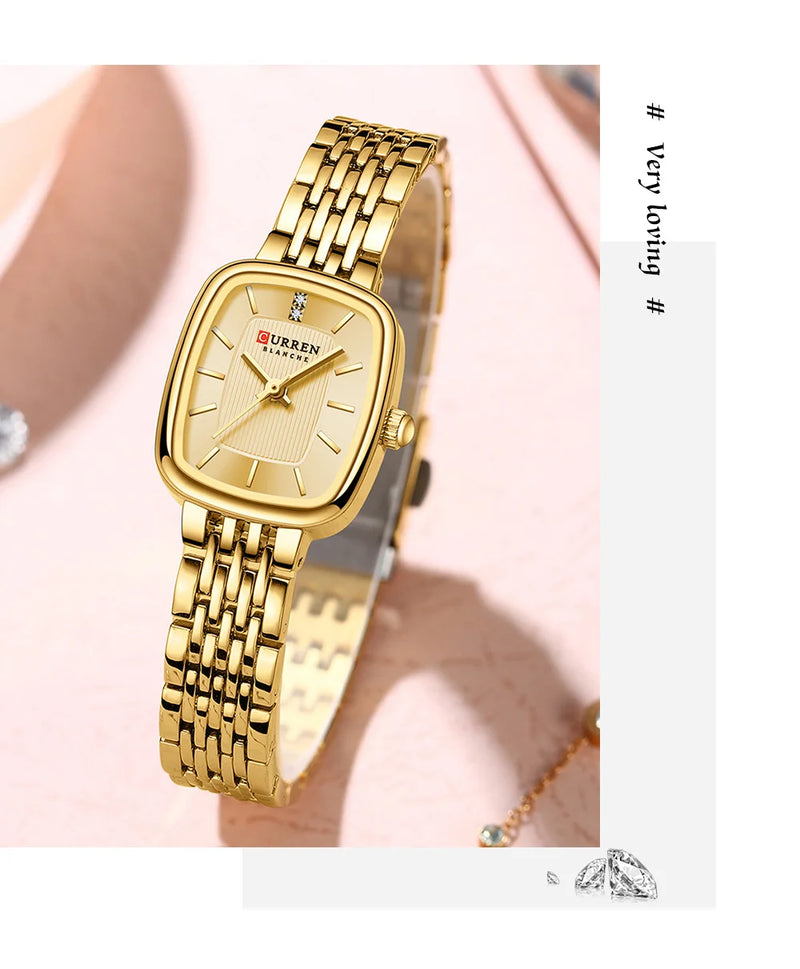 Gold Rectangular Dial Quartz Watch Bracelet for Lady