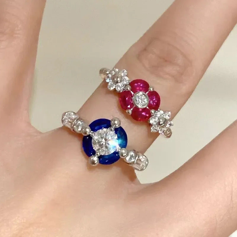 925 Sterling Silver Lab Sapphire Ruby High Carbon Diamonds Gemstone Flower Rings