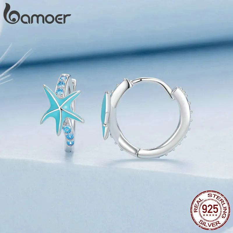 Sterling Silver Blue CZ Starfish Huggie Hoop Earrings for Women