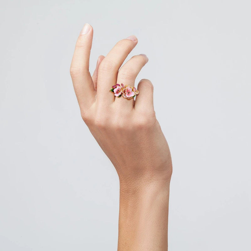 Sterling Silver Red Pink Stone and White CZ Enamel Flower Ring for Women