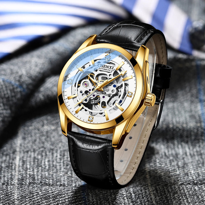 Stainless Steel Leather Strap Automatic Skeleton Luminous Waterproof Watch for Men