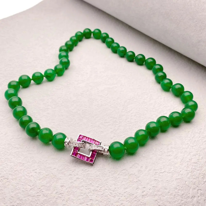 Sterling Silver Green Jade Necklace with Fuchsia CZ Pave Clasp for Women