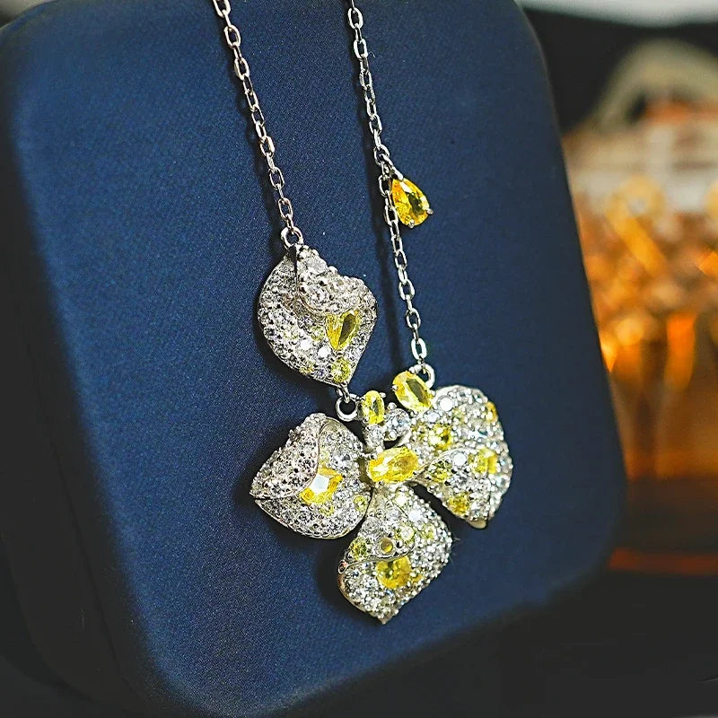 925 Sterling Silver Yellow Diamond Pendant Set for Women