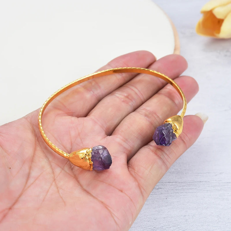 Gold Plated Natural Purple Amethyst Raw Bangle Bracelet for Lady