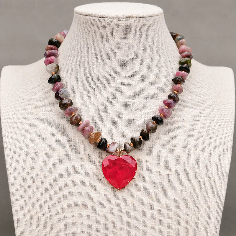 Sterling Silver Red Tourmaline Nuggets Choker Necklace with Red Quartz Heart Pendant for Women