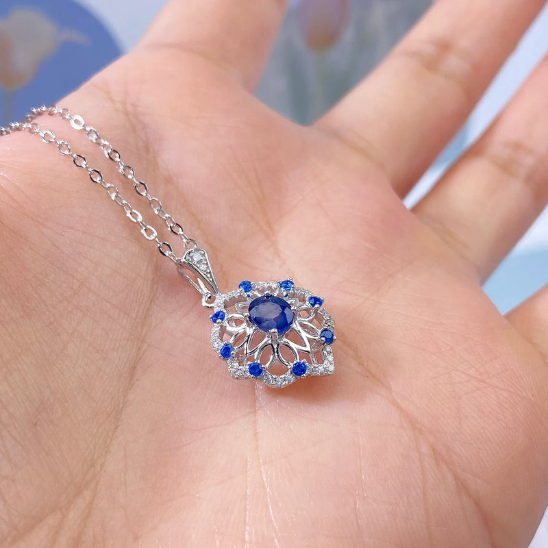 925 Sterling Silver Sapphire Flower Pendant Necklace for Women