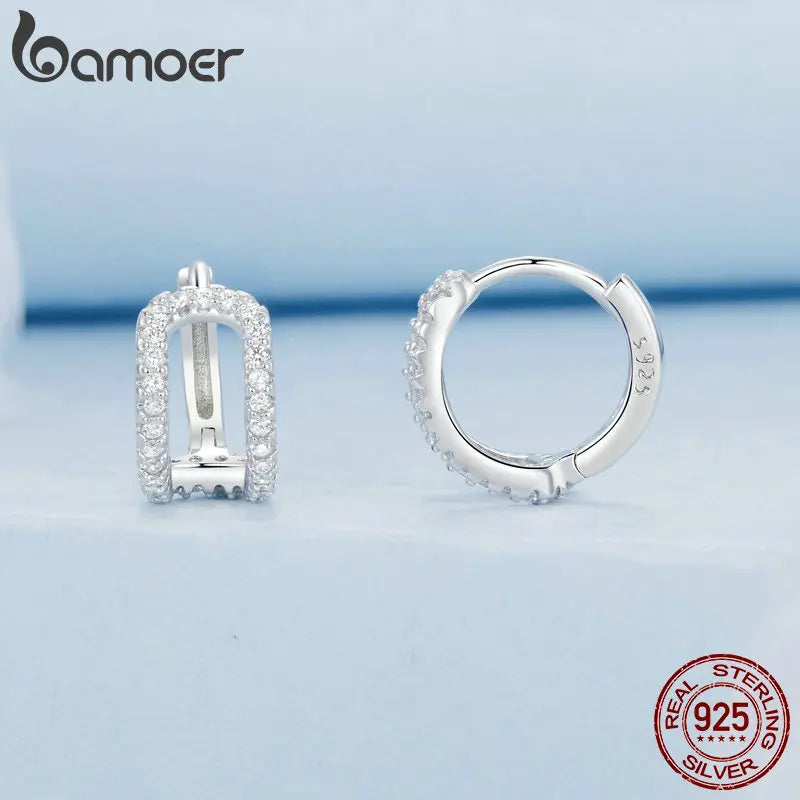 White Gold Plated Sterling Silver Huggie Hoop Earrings with CZ Sparkle for Women