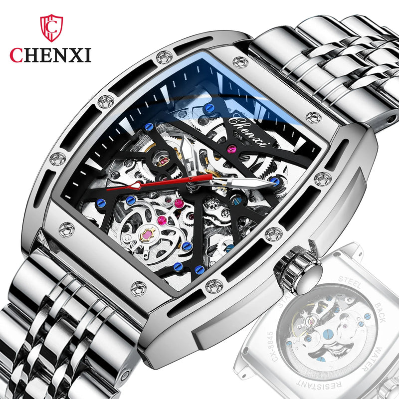 Stainless Steel Leather Barrel Shaped Mechanical Sport Watch for Men