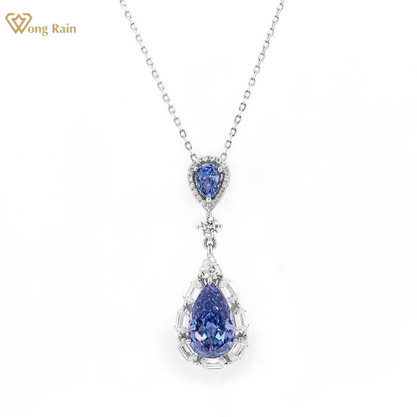 925 Sterling Silver Pear Cut Sapphire High Carbon Diamond Gemstone Pendant Necklace