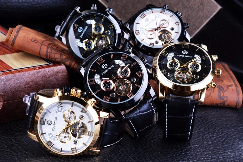 Leather Mechanical Automatic Men's Wrist Watch with Tourbillon and Multi-Functionalities