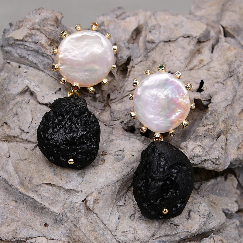 Sterling Silver Black Meteorite and White Keshi Pearl Stud Earrings for Women