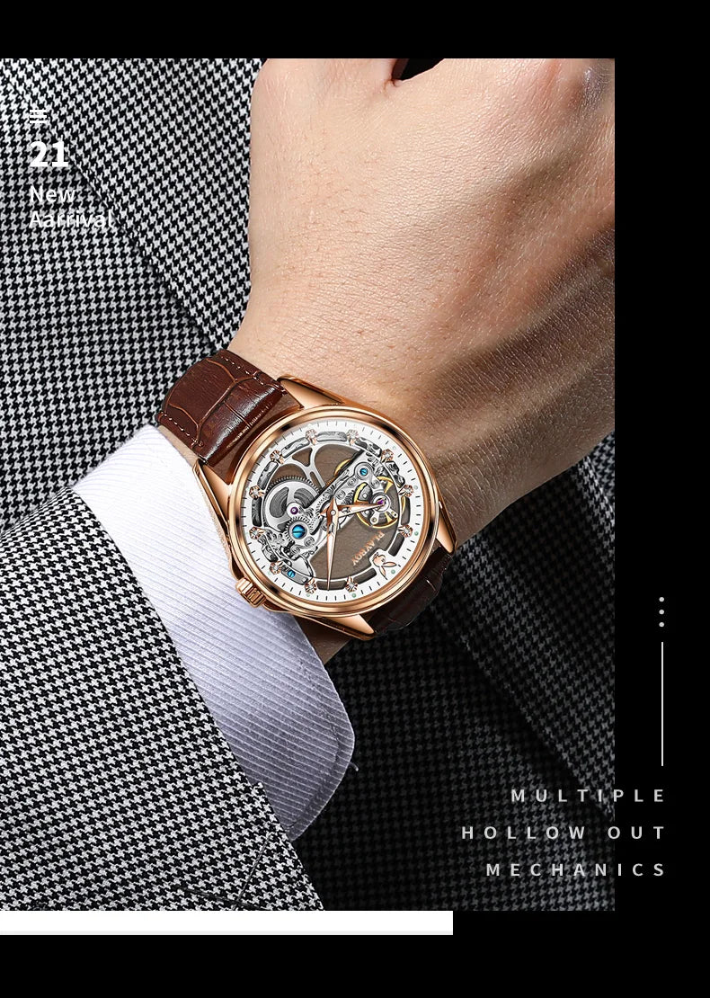 Stainless Steel Hollow Out Automatic Mechanical Watch with Luminous Leather Strap for Men