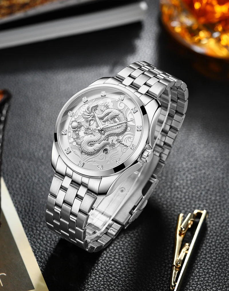 Stainless Steel Dragon Totem Embossed Wrist Watch for Men