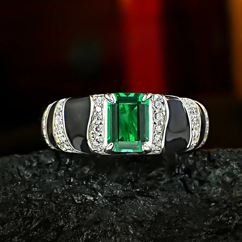 925 Sterling Silver Emerald Ring with Diamond Accents, Zebra Pattern, Retro Style for Women