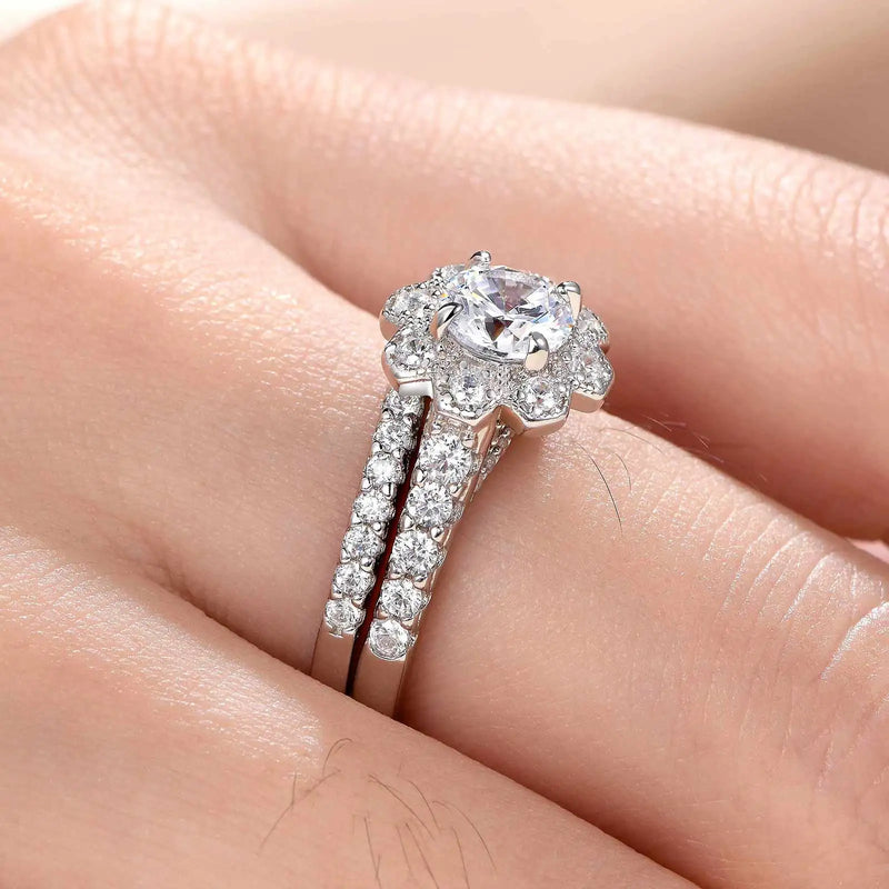 925 Sterling Silver Flower Halo Engagement Ring Set 1.60 ctw Cubic Zirconia for Women