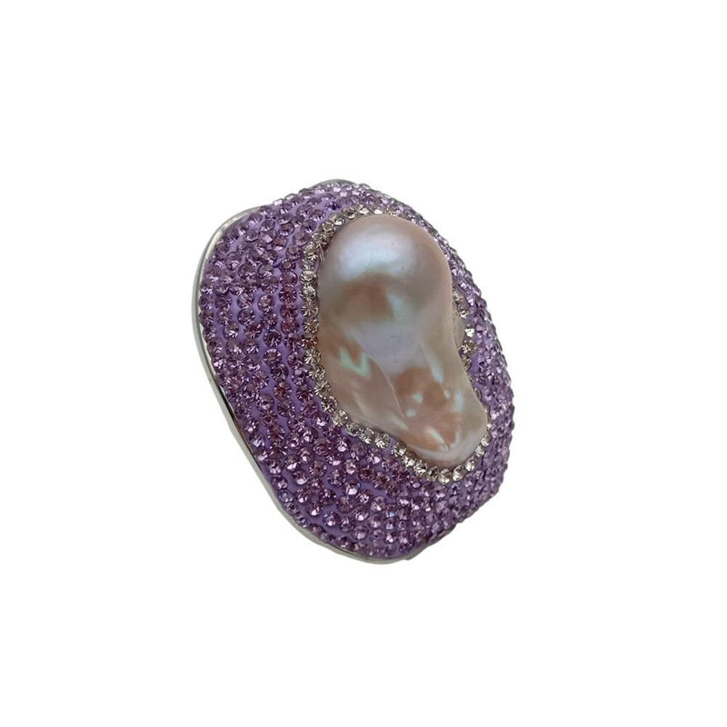 Y.YING Freshwater Cultured Purple Keshi Pearl Ring Purple Crystal Pave Big Ring Handmade Jewelry Ring Adjustable