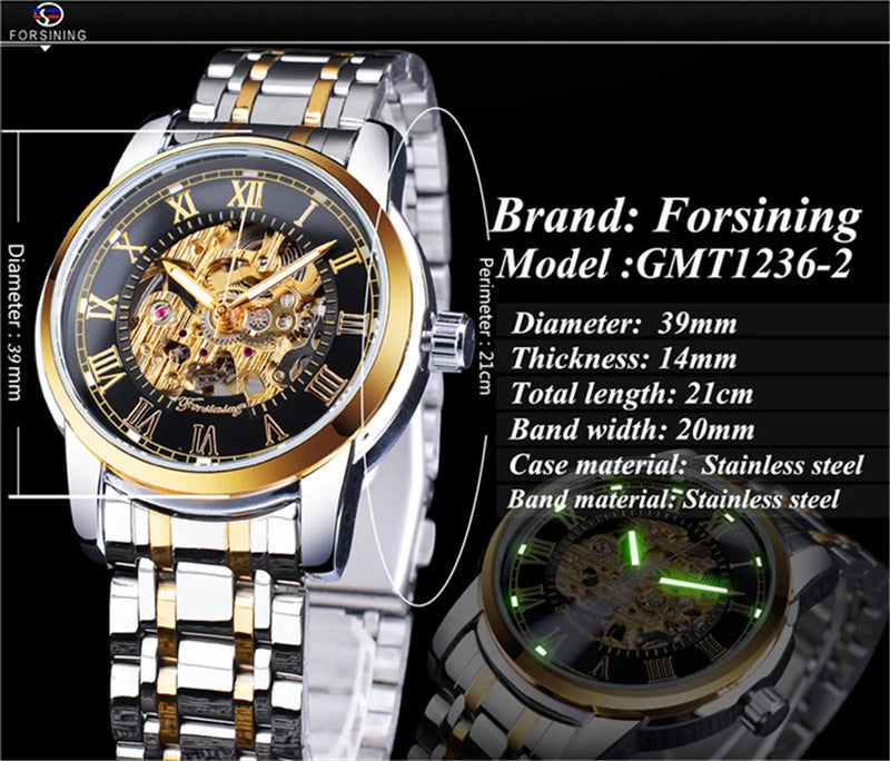 Stainless Steel Mechanical Skeleton Wristwatch for Men