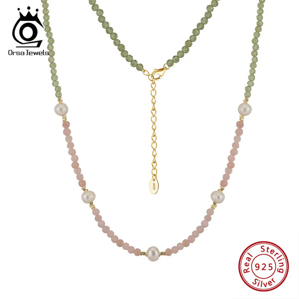 925 Silver Vintage Pearls Chain Choker Necklace with Natural Peridot & Pink Opal, 14K Gold Accents for Women