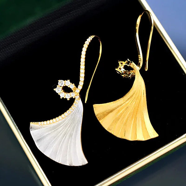 925 Sterling Silver Gold Plated Brushed Ginkgo Leaf Earrings for Women