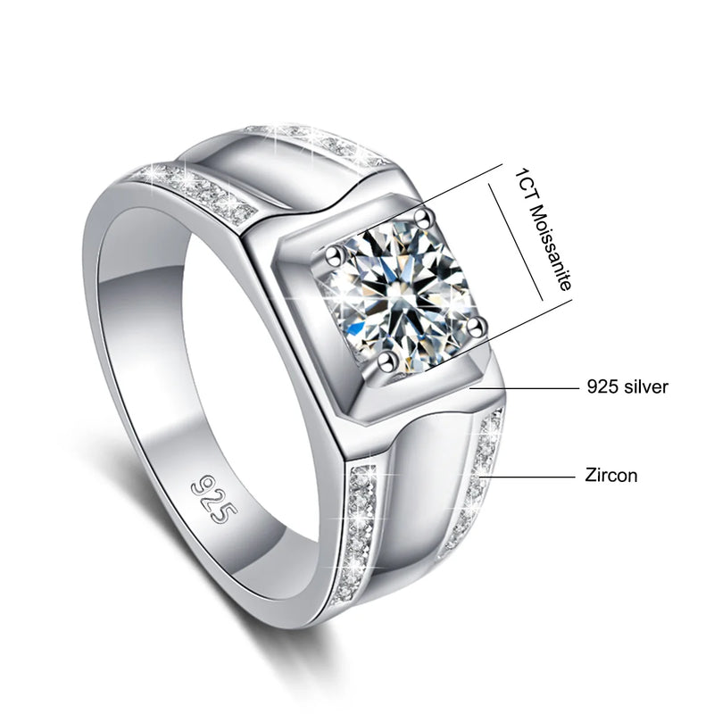 Sterling Silver 925 1 Carat Moissanite Engagement Ring for Men