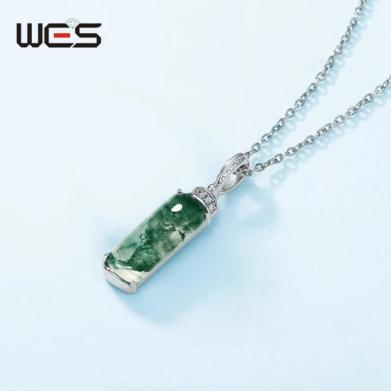 925 Sterling Silver Moss Agate Pendant Necklace for Woman