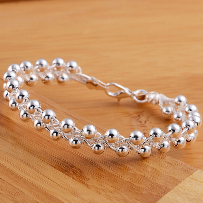 Sterling Silver Braided Beads Chain Bracelet for Women