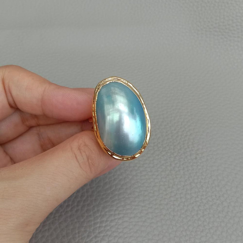 Y.YING Blue Sea Shell Rings Handmade Beaded Summer Ocean Seashell Rings Boho Adjustable
