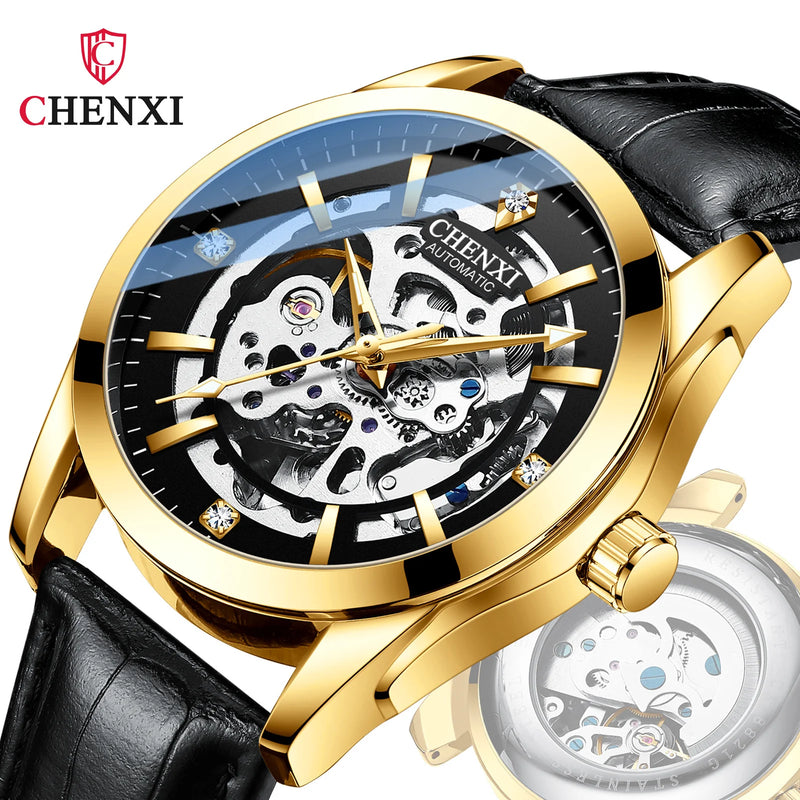 Stainless Steel Leather Strap Automatic Skeleton Luminous Waterproof Watch for Men