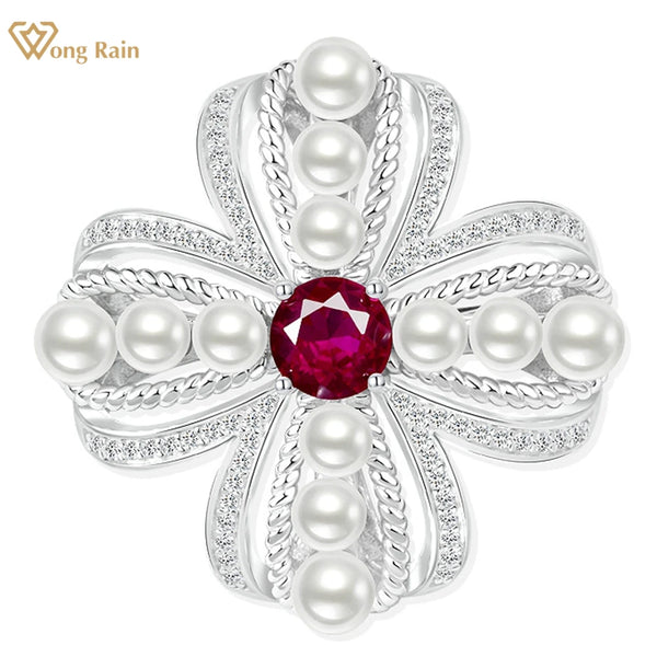 Wong Rain Elegant 925 Sterling Sliver 6 MM Ruby Sapphire Pearl High Carbon Diamond Gemstone Women Brooch Brooches Fine Jewelry