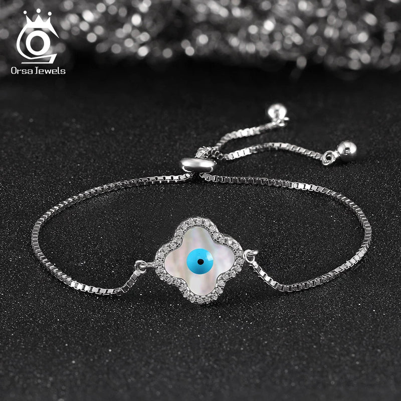 Sterling Silver Clover Shell Evil Eye Bracelet for Women