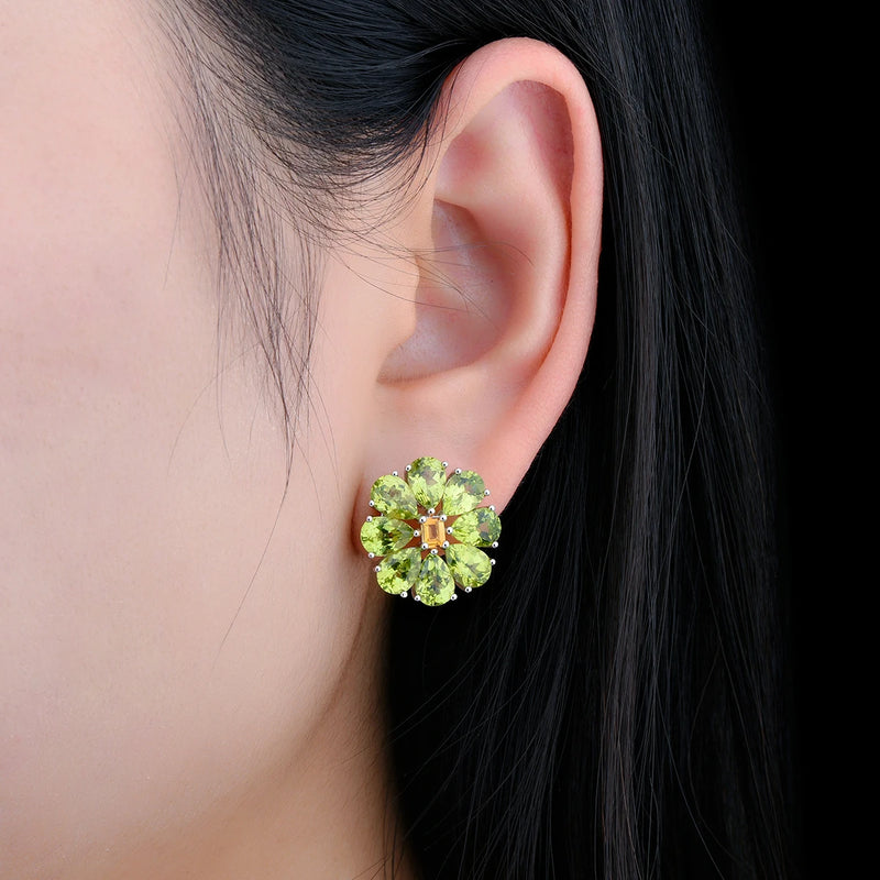 Silver Natural Peridot Citrine Stud Earrings 11.8 ctw Multicolor Gemstone for women.