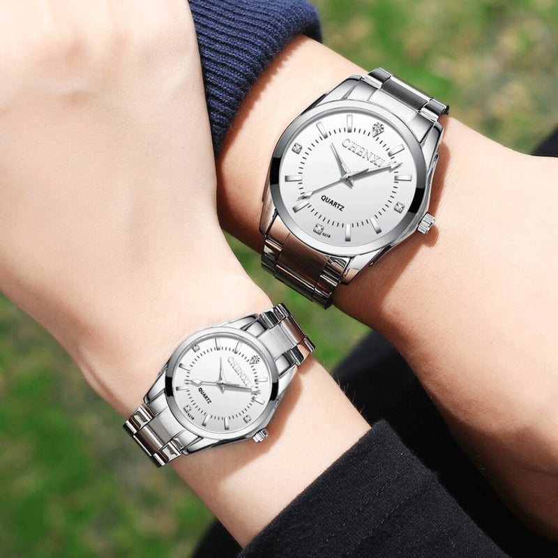 Stainless Steel Couple Watch, Waterproof Quartz for Women and Men