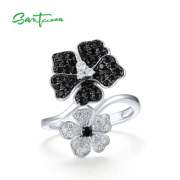 925 Sterling Silver Flower Ring with Black Spinel and Cubic Zirconia for Women