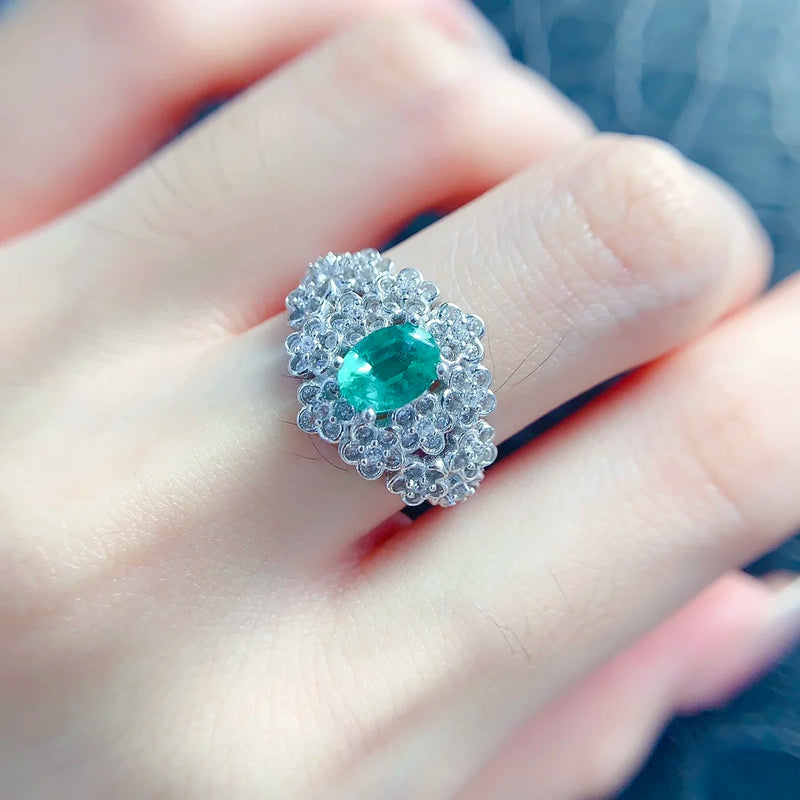 S925 Sterling Silver Natural Emerald Flower Ring for Women