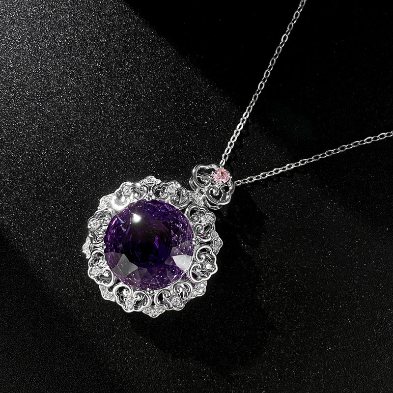 925 Sterling Silver Amethyst Round Pendant Necklace for Women