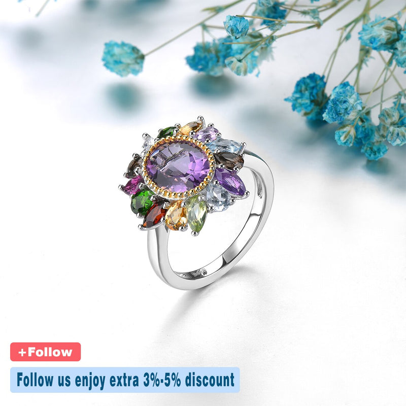 Sterling Silver 4.00ctw Amethyst, Diopside, Citrine & Topaz Multicolor Rings for Women