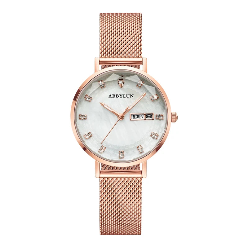 Stainless Steel Quartz Waterproof Luminous Week Calendar Watch for Women