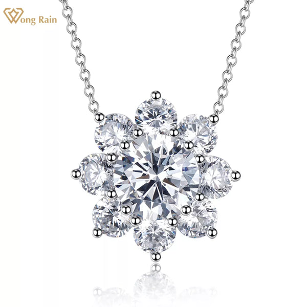 Wong Rain 925 Sterling Silver 8 MM Lab Sapphire High Carbon Diamonds Gemstone Wedding Flowers Pendant Necklace Fine Jewelry