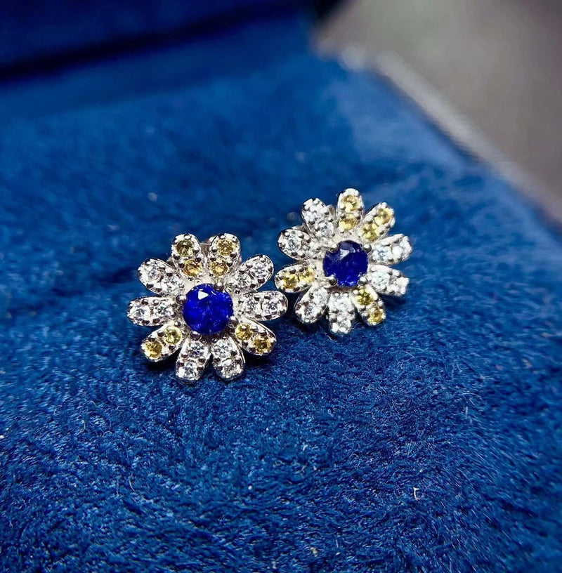 925 Sterling Silver Natural Sapphire Flower Stud Earrings for Women