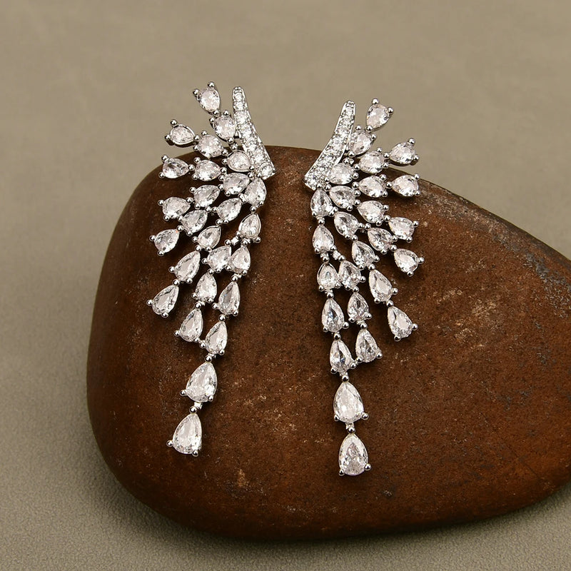 Silver Feathers Dangle Earrings with Shiny CZ Stone for Women