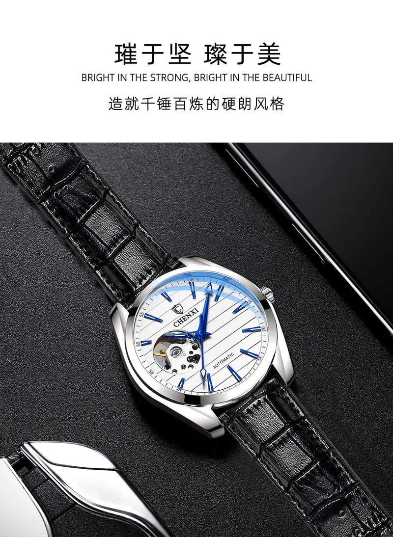 Stainless steel Leather Automatic Luminous Waterproof Watch for Men