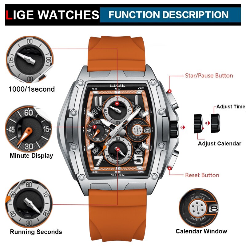 Stainless Steel Rectangle Sport Watch for Men