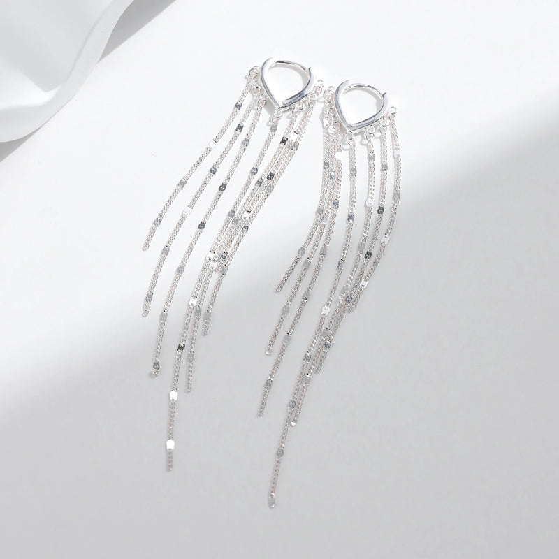 Sterling Silver Sparkling Long Tassel Hoop Earrings for Women